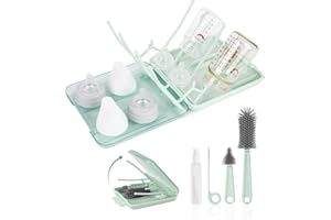 FXXQHT Baby Bottle Brush Set, 6-in-1 Travel Bottle Cleaning Kit with Silicone Bottle Brush, Nipple & Straw Brush, Soap Dispenser, Drying Rack & Storage Box – Compact Baby Essential for Home & On-The-Go