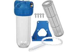 MegaHaustechnik Wasser Vorfilter für Pumpen und Hauswasserwerke mit 10" Filtereinsatz auswaschbar mit 1" Rohr Zoll Messing Innengewinde IG, 8 Bar, 6000l/h Durchflussmenge, Maschenweite 0,06mm