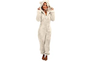 EMATOP Jumpsuit Damen Kuschelig Einteiler Overall Lange Warm Schlafanzug Teddy Fleece Schlafoverall Winter Flauschig Onesie Einfarbig Plüsch Hausanzug mit Kapuze Pyjama Anzug Ganzkörperanzug