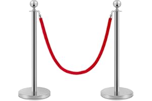 PINNERS Pali distanziatori in acciaio inox 2 pezzi, altezza 90 cm, argento con corda di velluto rosso da 1,5 m, collegamento a 4 vie, base di diametro 31 cm, controllo della folla
