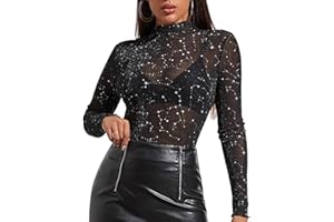 CAPANEUS Glitzer Oberteile Damen, Glitzer Mesh Oberteile Damen, Transparentes Durchsichtige Tops mit Sterne, Glitzer Top, Netzoberteil Bluse Tüll, Sexy Durchsichtig Langarm Bluse für Karneval, Halloween, Party
