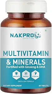 NAKPRO Nutrition Multivitamin & Minerals with Ginseng & DHA, Nutritional Supplement for Energy, Immunity & Stamina (60 Tablets)