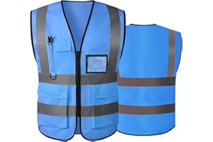 GRTLPOK Chaleco de seguridad reflectante de alta visibilidad para mujeres y hombres, con bolsillos y cremallera frontal, cumple con las normas ANSI/ISEA, Azul (tela), XL