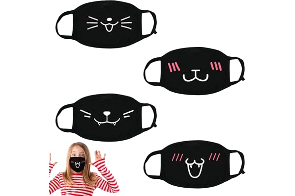 DONOONIS Lot De 4 Masques Faciaux Femboy, Masques Noirs Avec Motifs De Dessins Animés, Masque Facial Anti Poussière Tendance Avec Motif Mignon En Coton