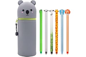GDFJBG 2-in-1 Kawaii Silikon Federmäppchen + 6 Radierbare Gelschreiber Set - Pnada Sterne Design, Weiche Stiftetasche mit Reißverschluss & Hitzeempfindliche Stifte - 0,7 mm (Kleiner Koala)