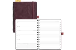 POPRUN 2026 Diary A5 Week to View Spiral Bound PU Leather Soft Cover 22 x 16.5 cm Appointment Work Book - 26 Weekly Planner & Notebook in One, Monthly Tab (Claret)
