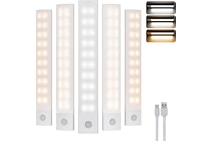 LUJASI Schrankbeleuchtung LED mit Bewegungsmelder 20cm 1800mAh Unterschrank Beleuchtung, 3 Farben 3000k-6000K Unterbauleuchte Kabellose Lichtleiste USB Küche Treppe 2025 5PCS