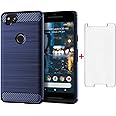 Phone Case for Google Pixel 2 and Tempered Glass Screen Protector Film Cover with Mobile Bumper Accessories Slim Thin Shockproof Soft Silicone Rubber Rugged TPU Pixel2 Pixle 2 Two G011A Girls Men Blue