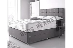 DIVANBEDSDEALS New Divan Double Bed Set With Memory Foam Mattress 10 inch And Matching Headboard 20 inch High 4FT6 Grey Double Linen Look Fabric Divan Bed 4Ft6 Double 135cm X 190cm) - 2 Storage Drawers (2021)