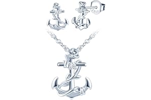 INFINIONLY Collier et Boucles d'oreilles ancre pour femmes et filles, Bijoux Parures en argent 925, Pendentif d'ancre décoré de fleur de rose, Clou d'oreille d'ancre orné fleur de rose, argent