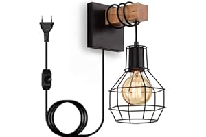 LIYABBER Kinkiet kryty ściemniana kinkiet vintage czarna przemysłowa lampa retro E27 wykonana z metalu i drewna z kablem przełącznika i wtyczką do klatki schodowej sypialnia restauracja salon (Bez żarówki)