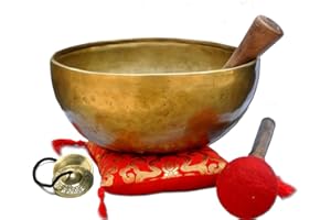 Ajuny Himalaya-Klangschale mit Klangheilung, Meditation, handgehämmert, einfarbig, goldfarben, Bengalischalen mit Kissen, Schlägel und Trommelstöcken, Durchmesser 21,5 cm