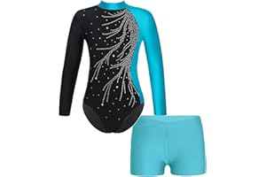Runhomal Kinder Mädchen Metallic Gymnastikanzug Turnanzug Langarm Trikot Body mit Shorts Set Ballettbody Gymnastik Leotards Sportbody für Tanz Gym Workout