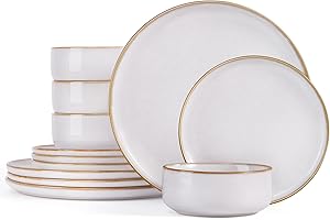 Homikit 12 Piece Dinner Set, Reactive Glaze Kitchen Dinnerware Sets for 4, Elegant Stoneware Included Plates and Bowls, Non-Scratch & Sturdy, Dishwasher & Microwave Safe, Cappuccino Beige