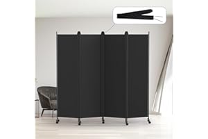 Kokorona 4 Panel Room Divider, 6FT Tall Rolling Privacy Screen with Lockable Wheels, Folding Wall Dividers Portable Room Divider for Room Separation, Included - Cover Strips, Black, W 223.5 x H 178 cm