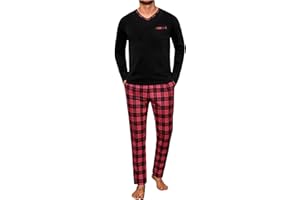 Demegimi Herren Schlafanzug Lang Winter Baumwolle Kariert Pyjama Set Weicher Hausanzug, mit V-Ausschnitt Langarm Shirt & Schlafanzughose