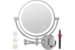 Auxmir Espejo Maquillaje con Luz Pared, 1X/20X Aumento Doble Cara Giratorio 360, Espejo Baño Extensible Táctil con Enchufe, 3 Colores Brillo Regulable, para Hotel, SPA, Plata