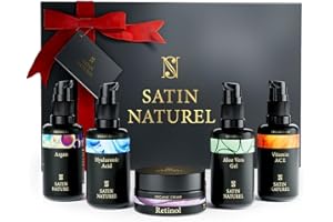 ‎SATIN NATUREL Satin Naturel Geschenkset für Sie – Komplette Skincare Routine mit Aloe Vera Gel, Arganöl, Vitamin C Serum, Hyaluron Serum & Retinol Creme – Naturkosmetik, Vegan, Luxus-Geschenkbox