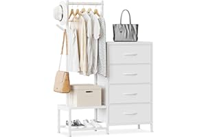 ODK Comoda Dormitorio 3 en 1, con Burro Ropa y 2 Ganchos para Abrigos, Zapatero de Doble Capa en la Parte Inferior, 4 Cajonera de Tela, Ideal para Dormitorio y Pasillo, Blanco