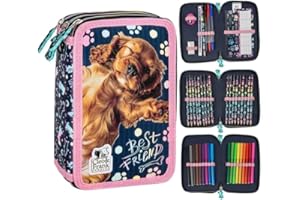 Ragusa-Trade Hund Welpen Hündchen, 3-Fach Federtasche Federmappe, 44 TLG. gefüllt für Kinder Jungen Mädchen, blau/rosa, 20 x 13 x 7 cm