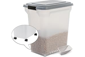 Iris Ohyama Caja para croquetas, recipiente hermético para alimentos de plástico (PP) sin BPA para animales con ruedas, pala y tapa abatible, A46 x F34 x A50,5 cm, ATS-L, Gris hierro