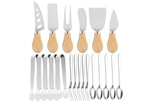 YUANQIAN Juego de 21 cuchillos esparcidores, cuchillo esparcidor de mantequilla de queso, cuchillo cortador de queso, hoja de acero inoxidable con asas de madera, mini pinzas para servir, cucharas y tenedores