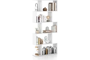 COSTWAY Scaffale a 5 Ripiani in Legno, Libreria Geometrica a Forma di S con Dispositivo Antiribaltamento, per Soggiorno Ufficio Camera da Letto, 70 x 23,5 x 158 cm (bianco)