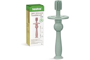 haakaa 360° Baby Toothbrush with Suction Base - Gentle Cleaning for Infant Self-Brushing Training, Food-Grade Silicone, Adjustable Safety Shield - Pea Green (1 Piece)