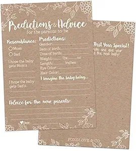 Foxglove & Co Foxglove & Co. 50 Rustic Baby Shower Prediction Advice Cards - Baby Shower Games Gender Neutral, Girls Boys Party - Advice Cards Baby Shower, Best Wishes Parents, Mom & Dad, Mommy & Dadd