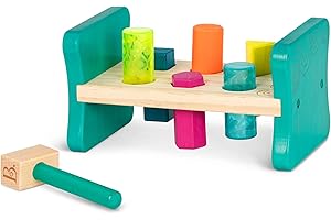 B. toys by Battat BX1762Z drewniana ławka do wbijania - 6 śledzi i młotek zabawkowy - zabawka do sortowania kształtów dla małych dzieci, dzieci - kolorowy funt i zabawa - 2 lata +