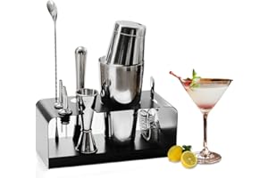 SKY FISH Shaker per Cocktail, Set di Boston Shaker da 8 Pezzi, Kit da Barman Premium con Supporto in Acciaio Inossidabile, Set Completo da Bartending per la Casa