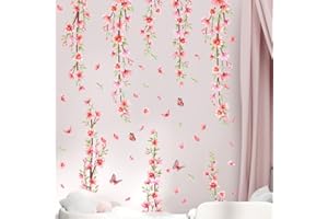 ZACUDA 2Rolls Hanging Vine Flower Wall Decals Pink Flower and Leaves Wall Stickers Floral Wall Art Stickers Flower Wall Stickers for Bedroom Living Room Sofa TV Background Home Window Wallpaper Decor