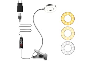 Akynite Lampada da Scrivania USB con Pinza e Adattatore, Lampada Pinza Argento per Makeup, 3 Colore e 10 Intensità, 48 LED Lampada Letto con Clip, Flessibile Lampada da Lettura Dimmerabile