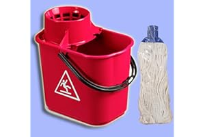 Secchio in Plastica 14lt con strizzino + 1 mop, ideale per pulire i pavimenti con comodo alloggiamento ferma manico, per mop e mocio con strizzatore - Midor (Rosso)