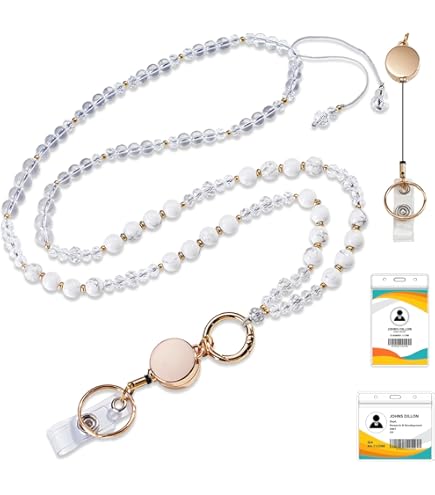 2 Pack Beaded Retractable Lanyards For Women - Natural Stone ID Badge Holders With 4 Waterproof Card Sleeves