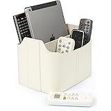 Londo Fjärrkontroll i läder och hållare med fack för surfplattor, fjärrkontrollhållare – multifunktionell förvaring (vit)