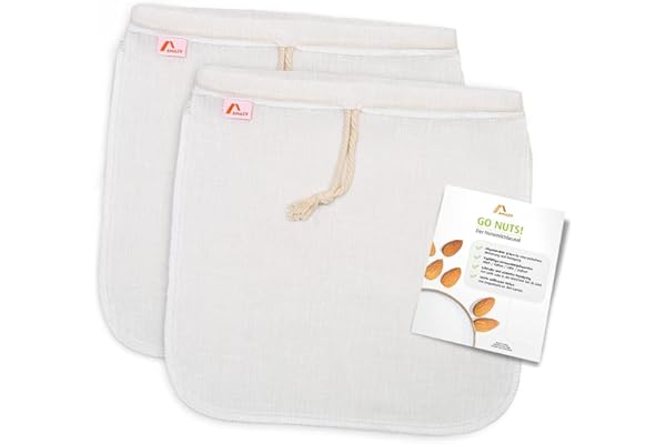 Amazy Sac filtrant pour Lait végétal et Fromage Frais - Sac à Lait multiusage idéal pour laits végétaux, jus de Fruits, Smoothies et fromages (2 pièces: 30x30cm | 12"x12")