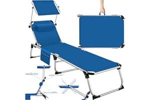 TecTake® Chaise Longue Pliante Bain de Soleil Exterieur avec Pare Soleil Chaise Longue inclinable Transat de Plage Relax Salon de Jardin Exterieur avec Poche latérale