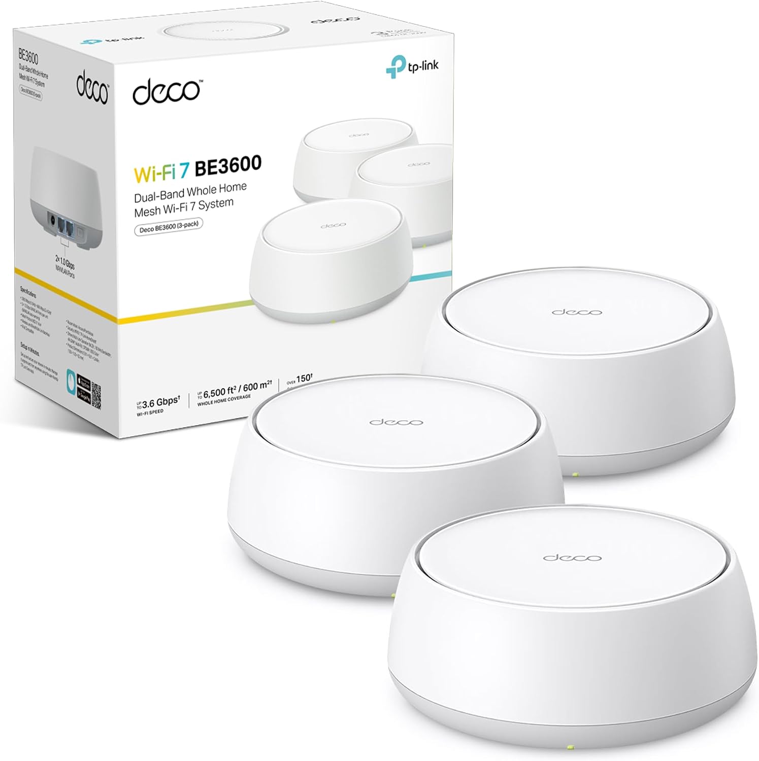 TP-Link Deco BE3600(3-pack) Mesh WiFi 7 System, Dual-Band AI Roaming Router, MLO, 4K-QAM, HomeShield, Whole Home Coverage, 150+ Devices Connection, Extender Booster, VPN, Google Home/Alexa