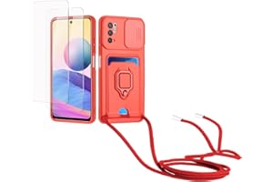 Kaslly Funda con Cuerda para Redmi Note 10 5G/Xiaomi Poco M3 Pro 5G+[2 Pack Protector Pantalla],Case con Ranura para Tarjetas,Cubierta de Cámara Deslizante Proteger,Doble Cara Protección-Rojo