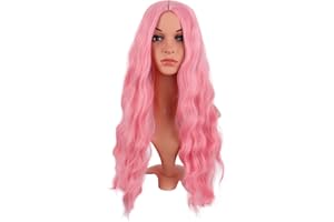 MapofBeauty 28 Inch/70 cm Long Wavy Middle Part with No Bangs Synthetic Fiber Curly Fashion Women Party Cosplay Wig (Light Pink)