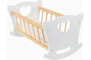 Kinderplay Puppenwiege Holz mit Bettwäsche – Puppenbett Schaukelbett für Puppen bis 49,5 cm – Holzspielzeug Mädchen ab 3 Jahren – Nachhaltige Babywiege für Rollenspiele & Geschenk Kinder