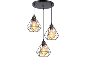 iDEGU 3 Luci Lampada a Sospensione Vintage Ø16CM Lampadario a Sospensione Industriale E27 Lampadario Metallo in Stile Gabbia Geometrica Lampada da Soffitto per Cucina Camera Corridoio (Rotondo)