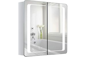 Warmiehomy Bathroom Mirror Cabinets with LED Lights,650x600mm Illuminated Bathroom Mirror Cabinet with Shaver Socket Bluetooth Speaker Sensor Switch Demister Pad