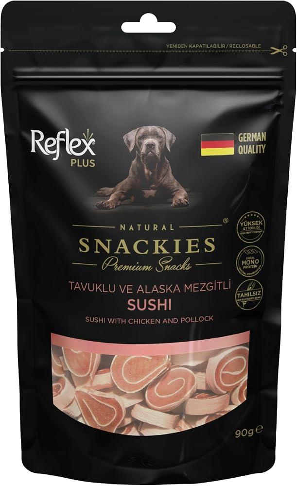 Reflex Plus Snackies Natural Tavuklu ve Alaska Mezgitli Sushi Premium Köpek Ödül Maması 90 g