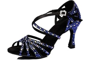 MGM-Joymod Sandalias de baile moderno latino con correa cruzada para mujer, con diamantes de imitación de tango social, bailes, Tacón marrón de 9 cm.