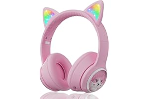 WOUKKSY Słuchawki Bluetooth dla Dzieci, Składane Słuchawki Nauszne dla Dziewcząt 85 dB, Bezprzewodowe Słuchawki dla Dzieci z Oświetleniem LED Kocie Uszy i Mikrofonem do Szkoły/Tabletu/Telefonu (Róża)