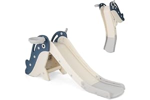 COSTWAY 4 en 1 Toboggan Enfant Pliable en HDPE avec Panier de Basket & Jeu de Lancer d'Anneaux, Aire de Jeux Intérieure en Forme Baleine avec Échelle, Charge 70kg pour Garçons et Filles de 3 Ans+