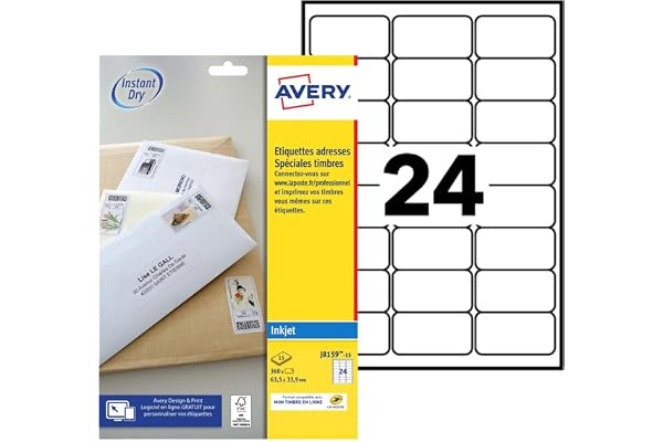Avery Étiquettes Autocollantes Blanches 360 Pièces 63,5x33,9 mm J8159-15 - Feuille A4, Imprimante Jet d'Encre, Format Compact, Papier FSC, Compatible Mon Timbre en Ligne
