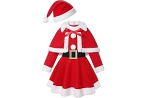 Wesaloes 3Pcs Costume Babbo Natale Bambina Vestito Natale Bambina Costume Natalizio Completo Festival Abiti da Festa + Scialle + Cappello Ragazza Vestiti Natalizi Bambina